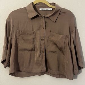 Calvin Klein Jeans Women's Brown Taupe Button-Up Cropped Top